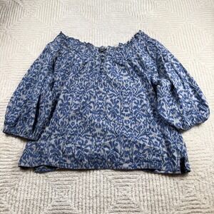 Talbots Peasant Blouse Womens XL Blue Ikat Cotton 3/4 Sleeve Boho Summer Top